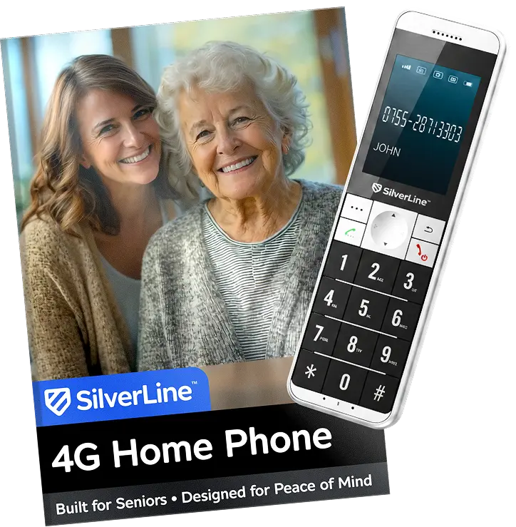 SilverLine 4G Home Phone with an elderly woman and a younger woman smiling, and the phone displayed prominently.